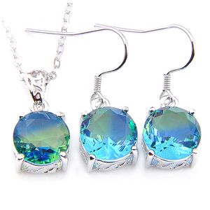 LuckyShine Silver Plated 925 Round Bi Colored Tourmaline Gems Necklace Pendatns and Earrings Jewelry Set Free Shipping