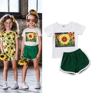 赤ちゃんフラワー服セット子供花柄プリント半袖Tシャツトップ+グリーンスポーツパンツ2本/セット夏の子供の因果関係衣装M1974