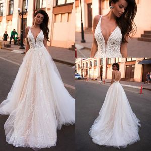 New Lace A Line Boho Wedding Dress Glitter V Neck Arabic Criss Cross Bridal Dresses Vestido De Noiva Beach Wedding Bridal Gowns