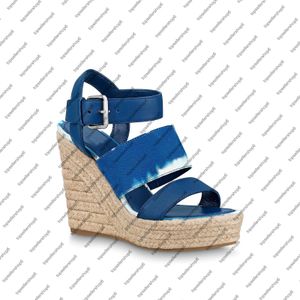 Escale Starboard Wedge Kvinnor Plattform Sandal Kanvas Tie-Dye Espadrilles Blå 12cm Högklackad Sandal Graverat Spänne Gummi Outsole Skor