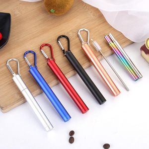 US STOCK Portable Reusable Folding Drinking Straws Stainless Steel Metal Telescopic Straws with Aluminum Case & Cleaning Brush FY4144