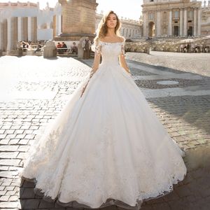 Abito da sposa in pizzo modesto Abiti da sposa Abiti da sposa a maniche lunghe con applicazioni di pizzo Abiti da sposa di lusso con spalle scoperte