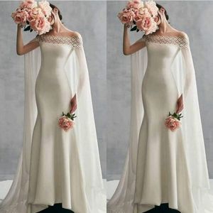 Spring 2020 Elegant Mermaid Wedding Dress with Cape Lace Off The Shoulder Neckline Sweep Train Ivory Fishtail Wedding Gowns