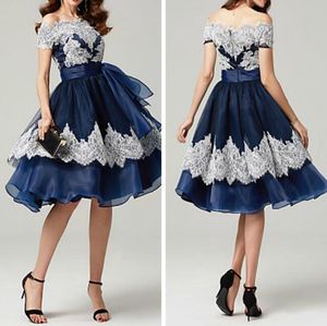 Ball Gown Off Shoulder Tulle and Organza Short Sleeves Cocktail Dresses Knee Length Party Dresses Party Evening Gowns with Ivory Applique