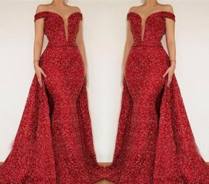 Red Off Shoulder Evening Dresses Latest Saudi Arabia Dubai Sequined Holiday Wear Formal Party Prom Gowns Plus Size