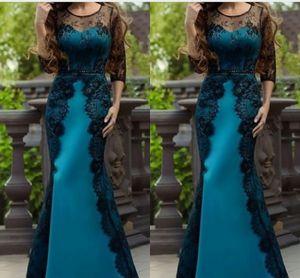 Vintage czarne turkusowe kobiety wieczorne sukienki 2019 Iluzja długi rękaw Sheer dekoltu koronkowa syrena formalna sukienka afrykańska tanie sukienka imprezowa