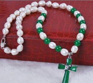 7-8mm Real Natural Rice White Pearl /Green Jade Cross pendant(25X35MM) necklace 18''