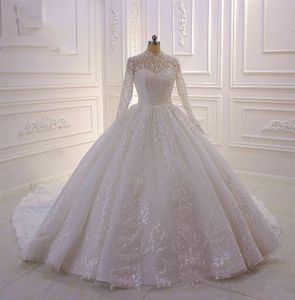 Luksusowe muzułmańskie długie rękawy suknie balowe suknie ślubne Wysokie szyję koronkowe zastosowane z koralikami sukienki ślubne plus rozmiar szatę de mariee