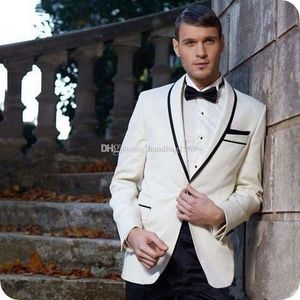 High Quality One Button Ivory Groom Tuxedos Shawl Lapel Groomsmen Mens Suits Wedding/Prom/Dinner Blazer (Jacket+Pants+Tie) K389