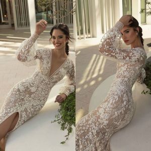 Abito elegante a sirena con spacco sul davanti Manica lunga con applicazioni in pizzo con scollo a V Abiti da sposa Nuova accoglienza Abiti da sposa taglie forti es