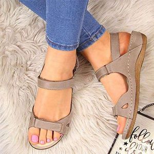 Floopi Sandaler för kvinnor Söt Open Toe Wide Elastic Design Sommar Comfy Faux Leather Ankelband w / Flat Sole Memory Foam 34