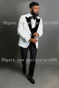 Мужские костюмы белого узора и черного Groom Tuxedos Пик Velvet отворот Groomsmen Свадьба Best Man 3 шт (куртка + брюки + жилет + Tie) L443