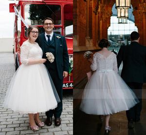 3/4 Sleeve Tea-Length Tulle Plus Size Wedding Dress With Lace Illusion Bodice Ball Gowns Bateau Neck Beach Bridal Gown vestidos de novia