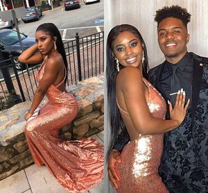 2019 New Sexy Rose Gold Mermaid Prom Dress Sparkly Backless Evening Formal Party Gown Plus Size African Dresses Custom Made
