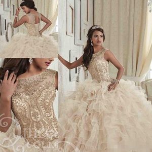 Champagne Quinceanera Dresses Luxury Beaded Ruffles Tiered Organza Beading Sweet 16 Ball Gown Pageant Formal Occasion Wear Custom Made