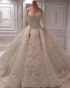 Luxury Lace Ball Gown Wedding Dresses Long Sleeve Beaded Lace Bridal Gowns Plus Size Dubai Arab Wedding Dress Custom