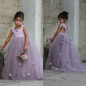 2020 Lovely Dresses Princess Tulle Sleeveless 3D Flower Wear for Wedding Lilac Floor Length Girls Party Dress