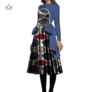 African Women Dress 2020 Pearl Denim Print Tyg Skriv ut Vaxklänningar Bazin Riche Mid-Calf Afrika Bow Sexy Dress WY6694