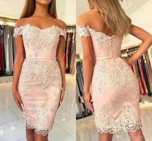 Elegant Pink Sheath Cocktail Party Dresses Knee Length Off Shoulder Appliqued Mini Short Prom Dress 2019 Designer Woman Summer Dresses