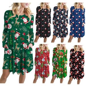 Abiti natalizi Babbo Natale Pupazzo di neve Stampato Maniche lunghe Gonna ampia Donna Ragazze Abbigliamento casual Per Xmas Party Dress LJJA3430