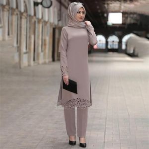 2pcs мусульманский абайя платье Исламская турецкая турецкая женщина с твердым длинным рукавом Леди Элегантная Кружевая Кружевая Ближняя Восточная набор одежды