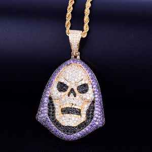 Hoody Skull Purple Stone Pendant Necklace Personality Chain Gold Silver Iced Out Cubic Zirconia Hip hop Rock Jewelry