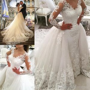 Sexy elegante weiße Brautkleider mit abnehmbarer Schleppe, Spitzenapplikationen, lange Ärmel, Vintage-Brautkleider in Übergröße, Vestido de Novia
