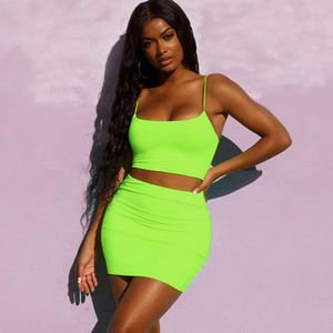 Streetwear Neon Green Two Piece Set For Women Summer Matching Clothing Crop Top och Biker Shorts kjol 2 kläder