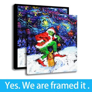 Van Gogh Wall Art Print Canvas Paintings The Grinch Christmas Ornaments Oil Painting on Canvas Home Decor - Ready To Hang - Framed