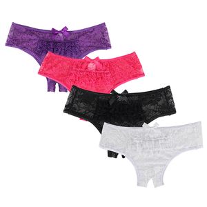 Sexig Tanga med Bowknot Panties Kvinnor Cheeky Låg Waist Lace och Mesh Underkläder Underkläder Plus Storlek 5XL 6XL Crotchless Bragas Mujer