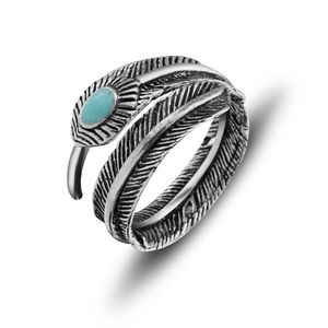 Gros-925 Sterling Silver Thai Silver Feather Ring pour les femmes Bijoux Cadeau Finger Open Feather Anneaux Single Punk Skull Ring