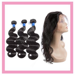 Peruvian Virgin Human Three Bundles 360 Lace Frontal Free Part Body Wave Hair Extensions Wefts With Closure 4 Pieces One Set