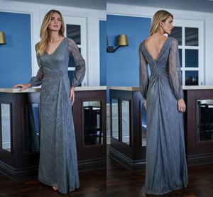 Gray Lace Long Sleeves Evening Mom Dress Mother Of The Bride Dresses 2020 Double V-neck Pleated Layers Formal Elegant Party Dress Wedding