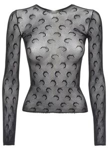 ムーンプリント透明メッシュセクシーなTシャツの女性oネック長袖スリムベーシックカジュアルメストップ2020スプリングニュー
