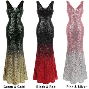 Angel-Fashions Women V Neck Gradient Sequin Long Formal Mermaid Party Prom Gown Dresses Evening Dress 382