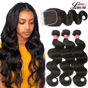 9A Brazilian Body Wave Med 4X4 spetsstängning Obearbetat Brazilian Virgin Hair Body Wave med stängningsförlängningar Brazilian Human Hair Weave