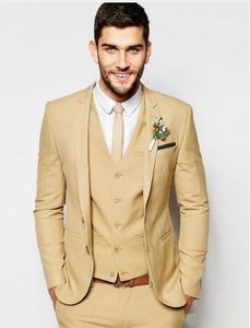 Fashionable Two Button Bege Noivo Smoking Fino Se Encaixa Mens Partido Blazer Blazer Wiastcoat Calças Terno de Negócio (Jacket + Pants + colete + Gravata) NO: 072