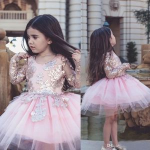 Little Baby Flower Girls Dresses Shiny Applique Long Sleeves Princess Party Pageant Tutu Dress Tulle A Line Min Short Gowns