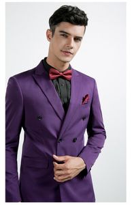 Purple Groom Tuxedos Double-Breasted Groomsmen Wedding Tuxedos Excellet Men Formal Dinner Prom Jacket Blazer Suit(Jacket+Pants+Tie) 117