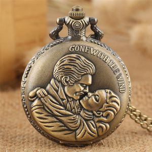 Bronze Exquisite Lovers Kiss Couple Design Quartz Pocket Watch Jewelry Clock Gifts for Men Women Charming Romantic Necklace Chain