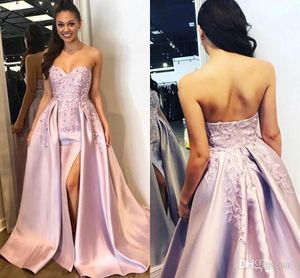 Blush Rosa Mermaid Prom Klänningar med Overskirts Sweetheart Lace Applique Satin Evening Gowns High Side Split Sweep Train Party Gowns