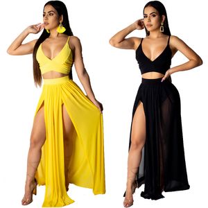 Verão V Pescoço Crop Top e Maxi Saia Set High Split Beach Casual 2 Peças Roupas para Mulheres Conjunto de Senhoras Chiffon Roupas 3043