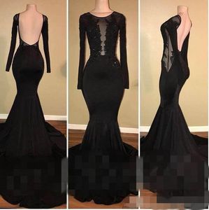 Seksowne Czarne Długie Rękawy Suknie Wieczorowe Backless Scoop Neck Illusion Bodice Koronka Aplikacja Zroszona Formalna okazja Wear Prom Suknia