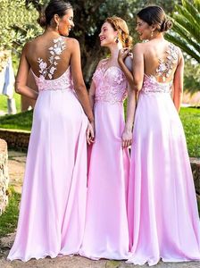 En-axel rosa långa brudtärna klänningar spets applikationer 3d blommor a-line chiffon piga av ära klänning bröllop gästklänningar billigt