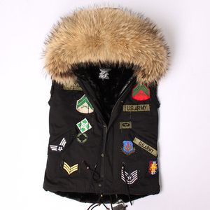 Hot sale brown raccoon fur trim maomaokong brand Cheap women vest jackets with Applique black rabbit fur liner mini black vest parkas