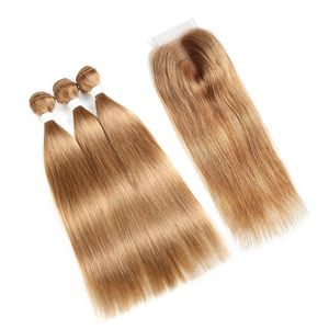Honey Blonde Silky Straight Hair Weave Bundles With Lace Closure Brazilian Virgin Hair 3 Bundles With Closure #27 Human Hair Bundles