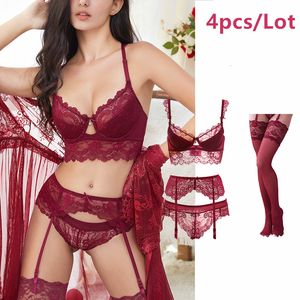 Lace Lingerie Set for Women, 4-Piece Sexy Thin Cotton Cup Bra Set with Garter Belt, Stockings, and Panty (T190910)