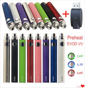 MOQ 1Pcs EVOD Preheat VV Vaporizer 510 Thread Battery E-Cig eGo USB Charger 650 900 1100mAh Variable Voltage E Cigarette Vape Pen CE3 CE4 CE5 MT3