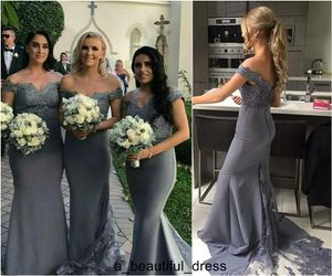 Basit Yeni Elastik Saten Nedime elbiseler Örgün Elbiseler Dantel Aplike Kapalı Omuz Kollu Mermaid Düğün Parti Balo