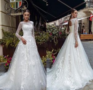A-Linien-Hochzeitskleid mit langen Ärmeln, hohlem Rücken, Applikation aus Tüll mit glitzernden Brautkleidern, Sweep-Zug, Boho-Brautkleider
